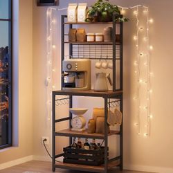 Bakers Rack with Power Outlet, Microwave Stand, Kitchen Tall Utility Storage Shelf, with Metal Wire Panel, 14 Hooks, 15.7 x 23.6 x 66.9 Inches, Rustic