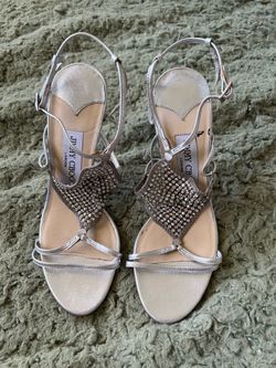 Authentic Jimmy Choo “Thong” Metallic Nappa Leather Sandals with Crystal Metal Mesh