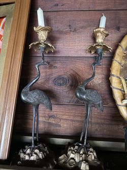 Vintage swan brass candlesticks pair