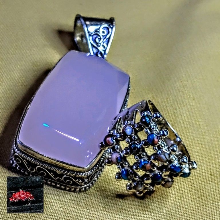 . BOTH FOR ONE PRICE. STERLING AND ROSE QUARTZ AND STERLING AND SANTA FE TURQUOISE RING. SIZE- 10/ROSE QUARTZ PENDANT HAS STERLING SILVER 18 INCH CHA.