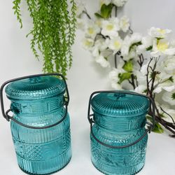 Vintage Avon Turquoise Cut Glass Jars with Hinged Lids – Set of 2