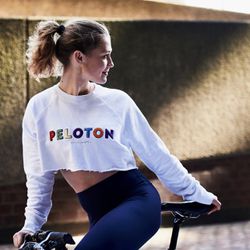 SPIRITUAL GANGSTER x PELOTON White Rainbow Fuzzy Cropped Long Sleeve Pullover