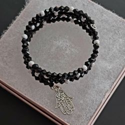 4 STRAND SWAROVSKI BEADED  MEMORY BRACELET STAROF DAVID PROTECTION CHARM