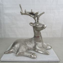 Deer Sitting Statue Heavy Cast Metal Candle Holder On Marble Base 12" Tall


