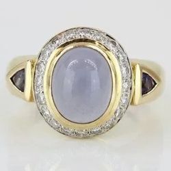 18k Yellow Gold Oval Cabochon Chalcedony Diamond Halo & Trillion Sapphire Ring 