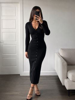 Black Ribbed Button Front Midi Dress XL