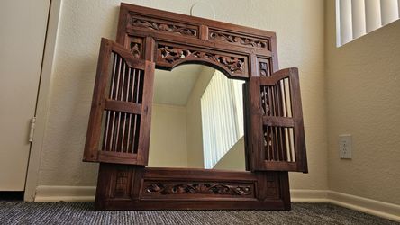 Early 1900s Anglo-Indian Balinese Double Door Wall Mirror Hand-Carved Teak Wood Vintage Art