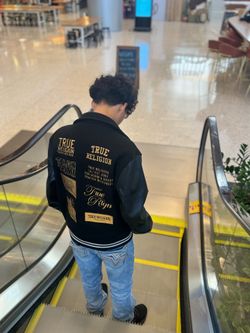 True Religion Varsity Jacket Black & Gold Men’s Size M | Excellent Condition