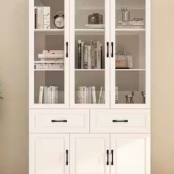 White Wood Storage Cabinet With Adjustable Shelves, Glass Doors
