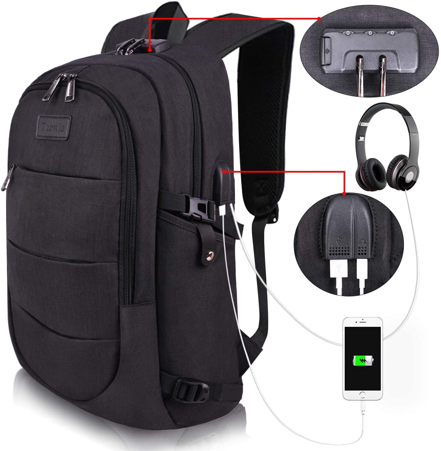 Backpack Water Resistant Anti-Theft College Bag with USB Charging Port & Lock Unisex Black Business Computer Hiking Luggage Bag Brand New