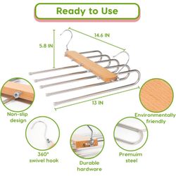 Unjumbly Magic Pants Hangers - Space Saving Hanging Closet Organizer for Trousers, Jeans, Leggings, Skirts, Scarves, Stainless Steel Wooden Han