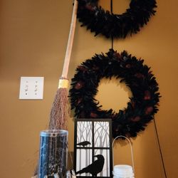 Halloween ~ Gothic/Medieval/Renaissance Black Feather Wreaths/Candle/Holders/Tray/Witch's Broom
