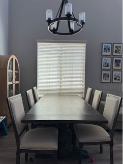 Stunning Dark Wood Dining Set – 88" Pedestal Table & 6 Upholstered Chairs