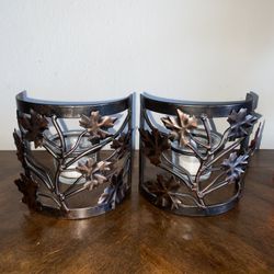 2 Brushed black & bronze metal & wrought iron leaf votive holders