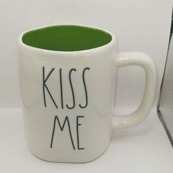 Rae Dunn Artisan Collection by Magenta "Kiss Me"/shamrock double-sided Mug, white with black letters, green inside