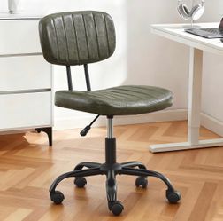 Green Armless Office Chair with Wheels, PU Leather Small Computer Desk Chair, Adjustable Height Swivel Task Chair with Higher Back for Home Office, Be