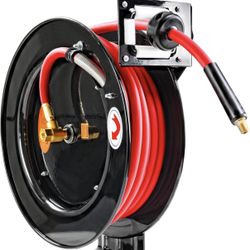 ReelWorks Air Hose Reel 3/8" Inch x 50' Foot SBR Rubber Hose Max 300PSI Commercial Steel Construction