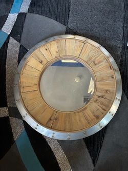 Industrial Porthole Round Wall Mirror – Reclaimed Wood & Riveted Metal Trim