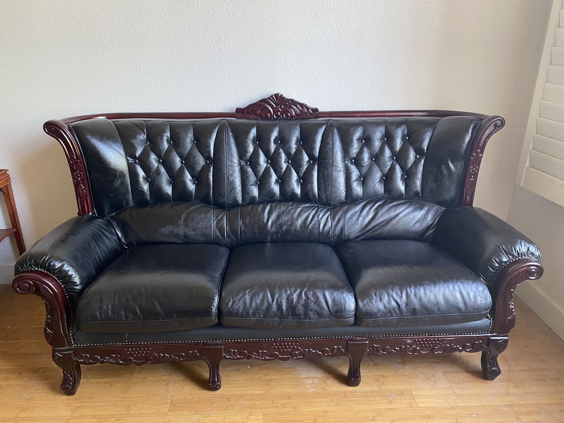 Pick 2 For $800 Black Leather Sofa Set With Mahogany Wood Trim-Gently Used