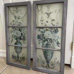 Set Of Wall Hanging Wood Framed Window Victorian Vases With Flowers  - Shabby Chic Style Home Decor
