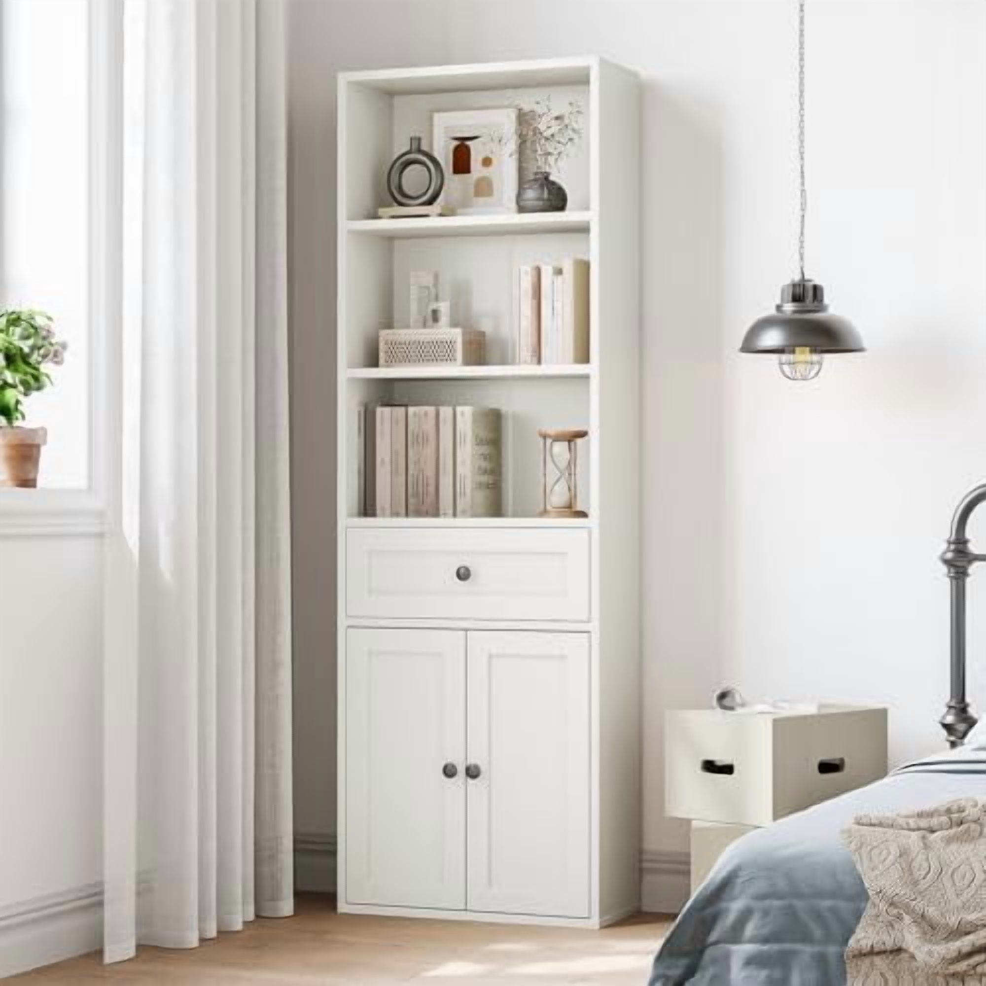 White Bookshelf and Bookcase with Doors and Drawer, 6-Tier