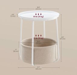 SONGMICS Small Side End Table Round 2 Tier Nightstand U Shaped Steel Legs w/ Basket - Matte White / Camel Brown