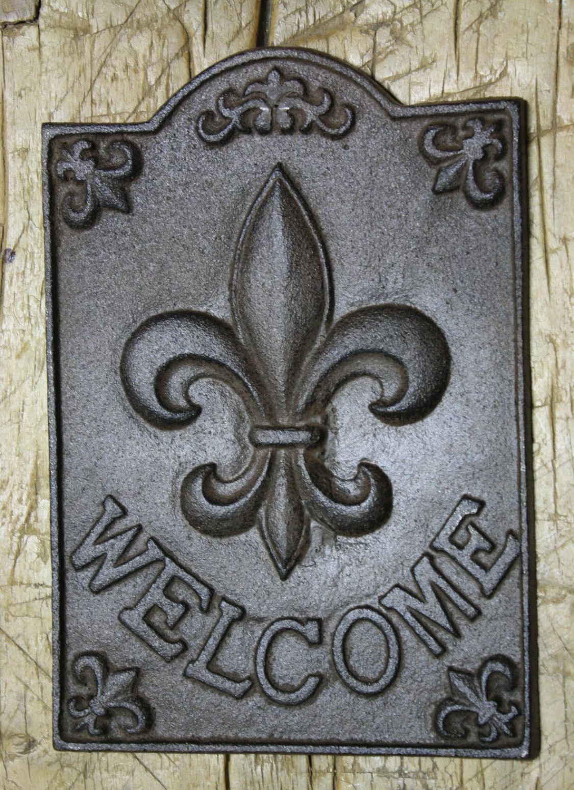 Large Cast Iron FLEUR DE LIS WELCOME Plaque Finial Garden Sign Home Decor