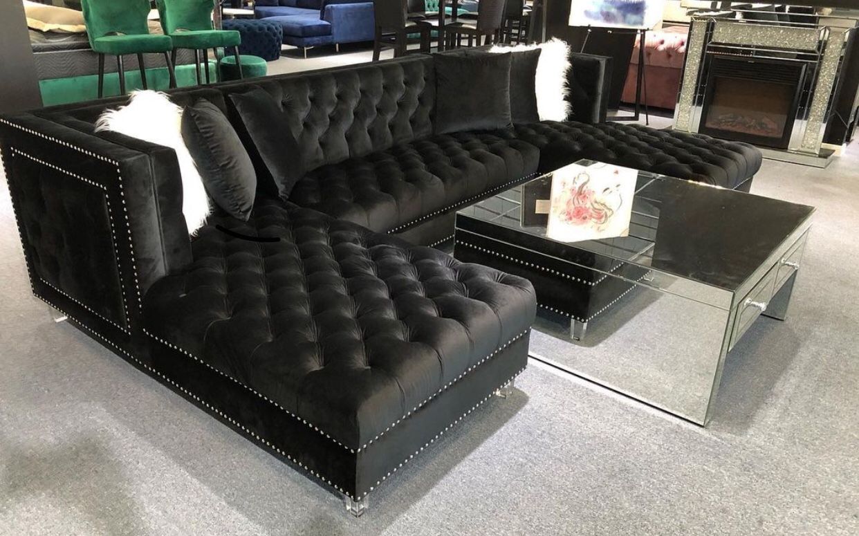 Prada Black Velvet Double Chaise Sectional / couch /Living room set