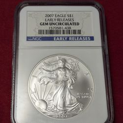 2007 American Silver Eagle 🦅 1oz.  Silver .999 ~ NGC Gem Unc.  ER 