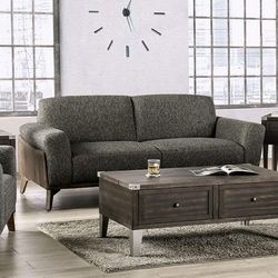 GRAY FABRIC SOFA WALNUT TWO TONE MID CENTURY MODERN COUCH