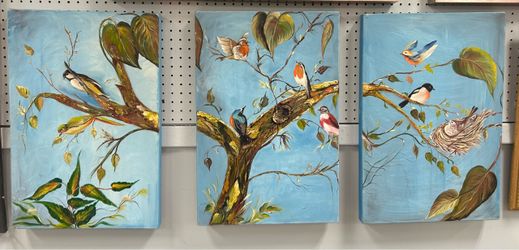 Set of 3 Canvas Birds Watercolor Artwork 48” x 23”