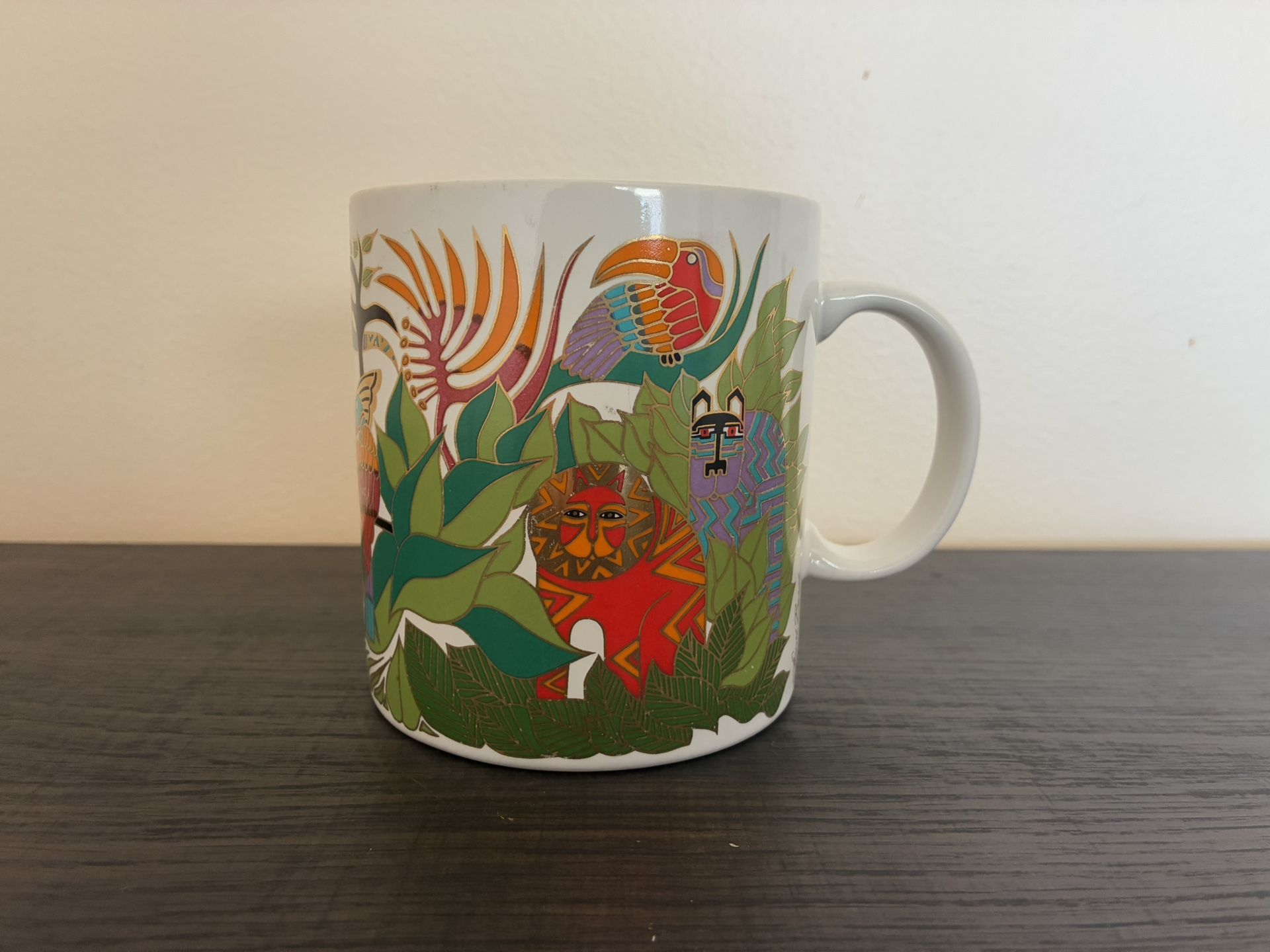 Laurel Burch The Secret Jungle Mug Cup Gold Leaf 14 oz 1989 Lion Cats Birds