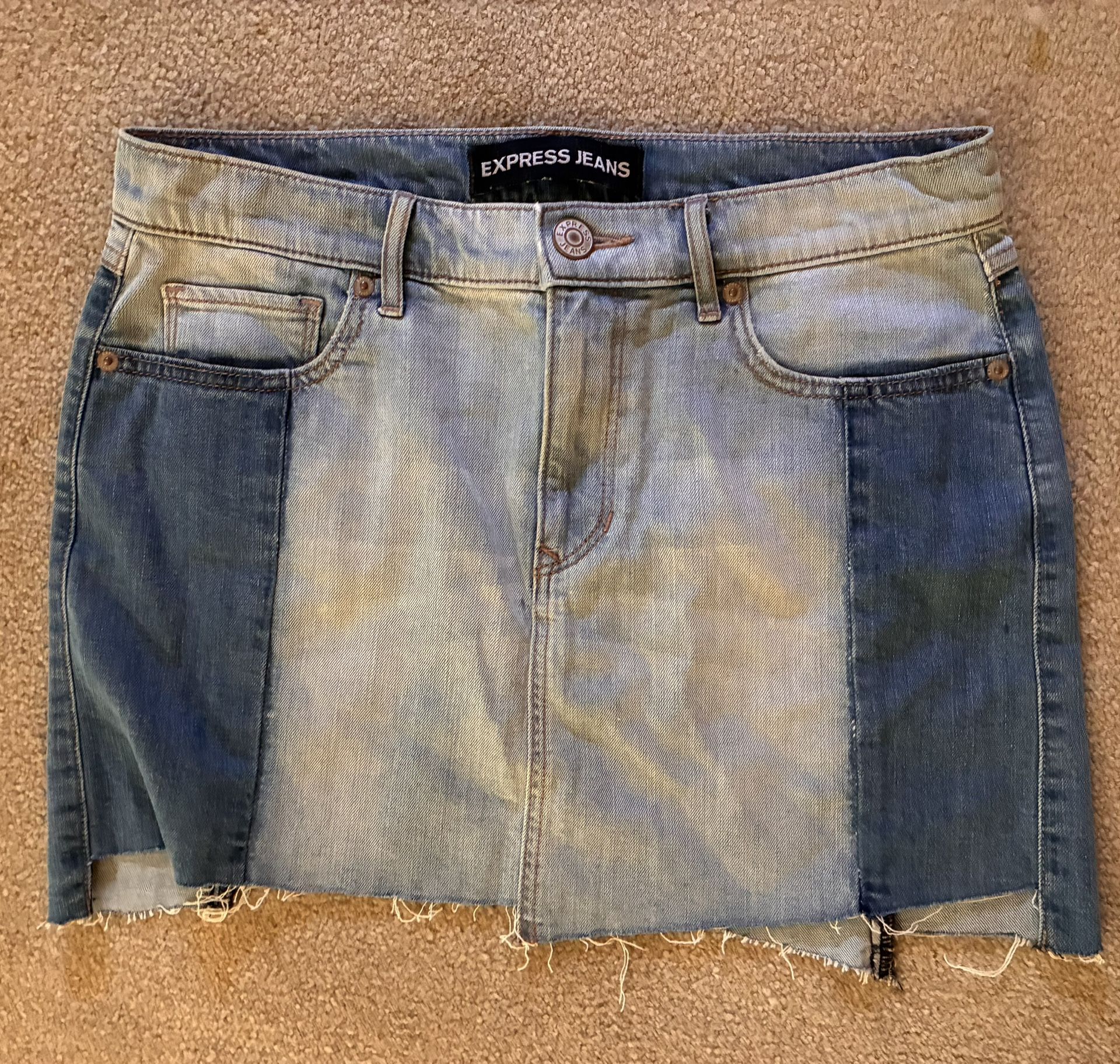 Express Denim Two Tone Raw Hem Distressed Mini Skirt Oil