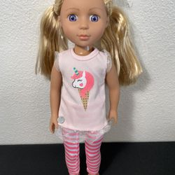 Glitter Girls Lacy 14 Inch Doll Wearing Pink Tunic, Striped Leggings, Hair Bow