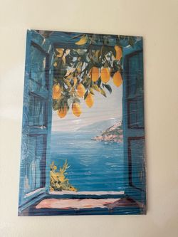 Blue Window Seascape Canvas Wall Art with Yellow Lemons 20'' H X 16''
