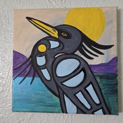 Abstract Bird Painting Blue Herring 6x6 Square Canvas 