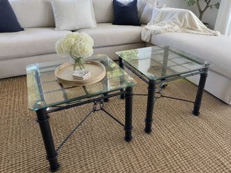 Set of 2 Glass Top End Tables – Black Metal Accent Tables