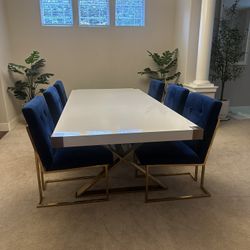 Modern White High Glosss Dinning Table + 7 Navy Velvet Gold Frame Chairs