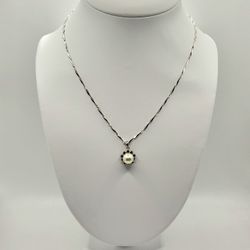 Antique 18k White Gold Sapphire Pearl Pendant w/ 925 Sterling Silver Necklace