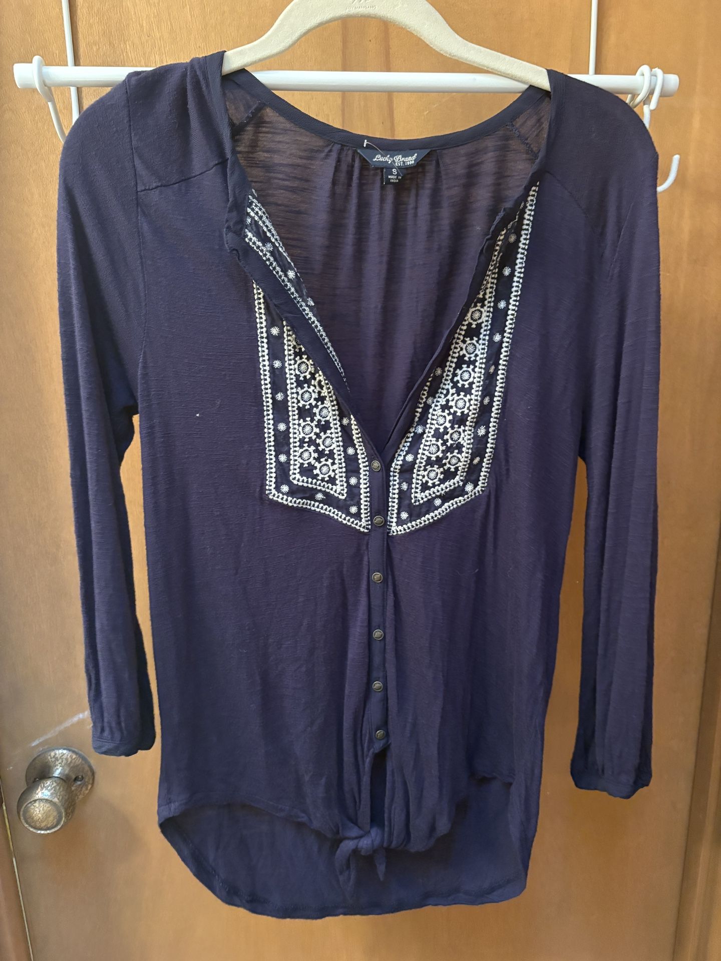 Lucky Brand Navy Boho Peasant Top Front Tie Size Small