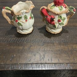 Vintage Kaldun & Bogle Christmas Cardinal ceramic creamer and sugar bowl set.