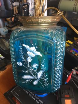 Antique Blue Blown Glass Lamp With Hand Made Acrylic Desing 