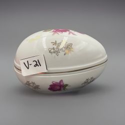 Vintage Lefton China Egg Shaped Trinket Box W/Hand Painted Roses W/ Gold Trim