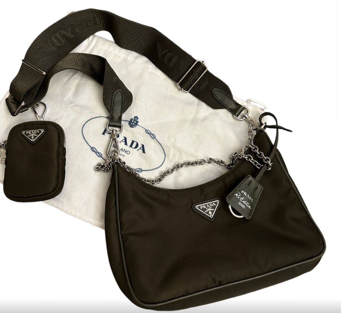 Authentic Prada re-edition 2005 brown nylon handbag w/ crossbody strap