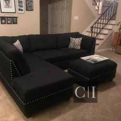 New Black Sectional Sofa Couch Ottoman 