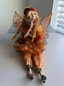 2010 Fall Autumn Fairy Doll with Wings – Orange Harvest Decor 15”