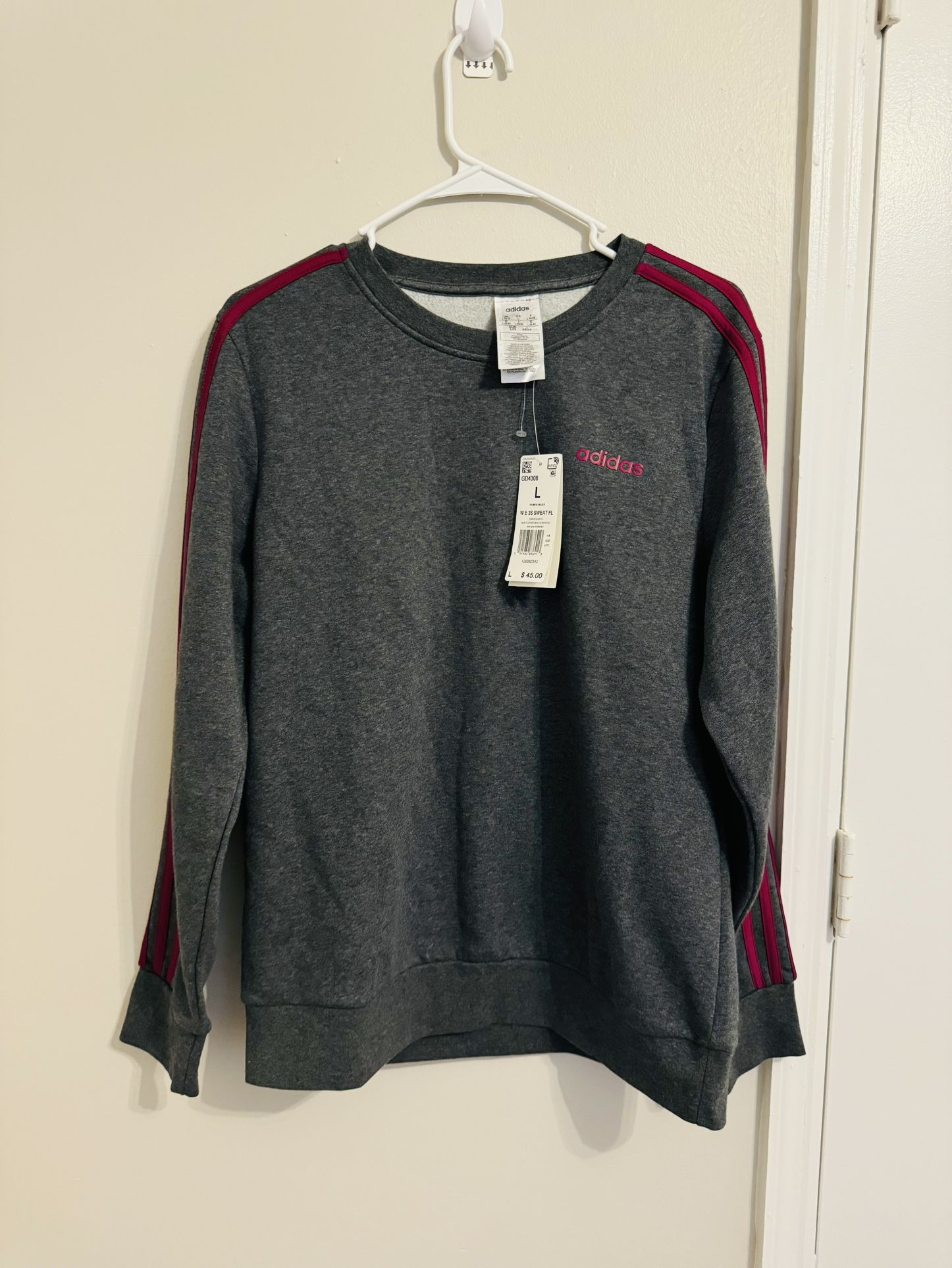 New Women's Adidas Essentials 3 Stripes Sweatshirt Gray Maroon Size Large