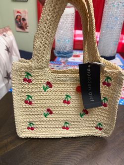 Madden Girl Straw Tote Bag with Cherry Embroidery
