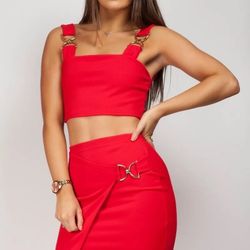 Red Buckle Skirt Two Piece 