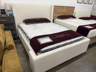 Queen Cream Designer Boucle Fabric Platform Bed Frame